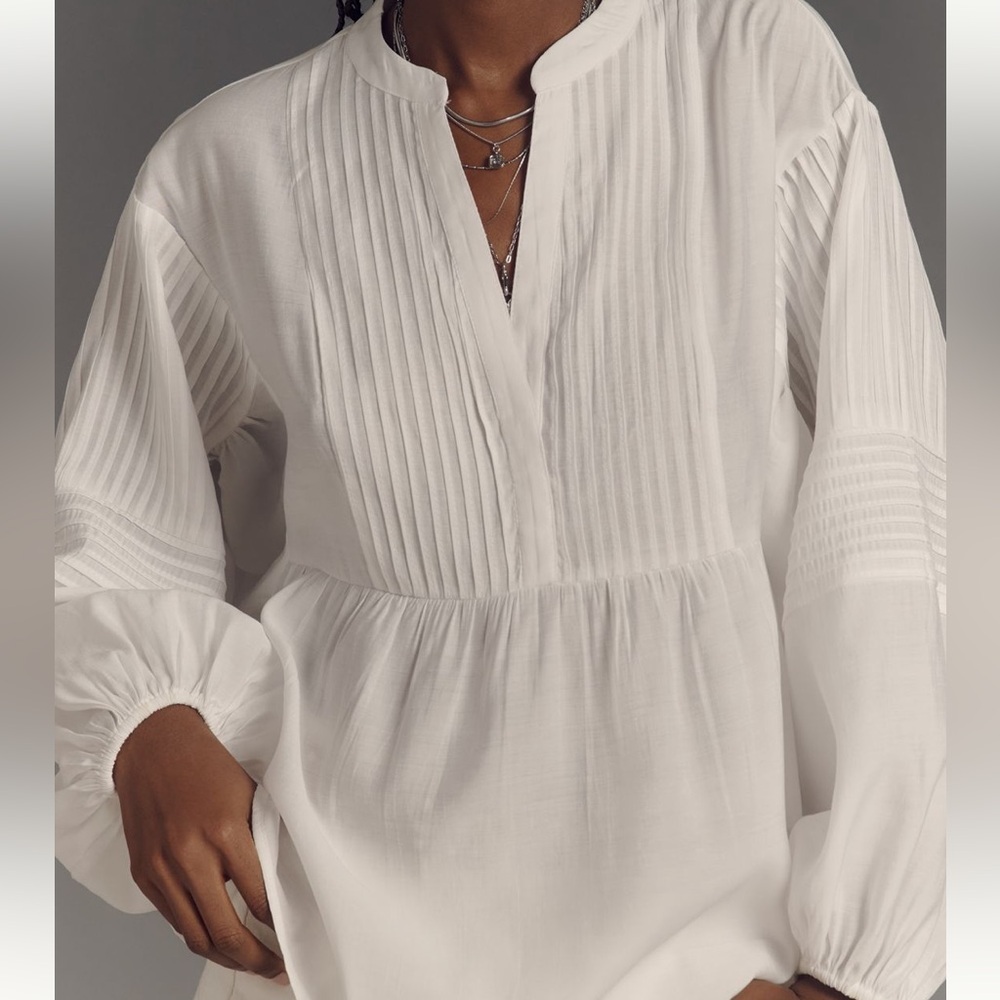 Maeve  for Anthropologie-White Pintuck Front Band-Collar Blouse